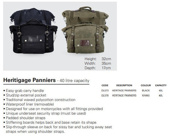 Oxford Heritage Motorcycle Panniers Khaki